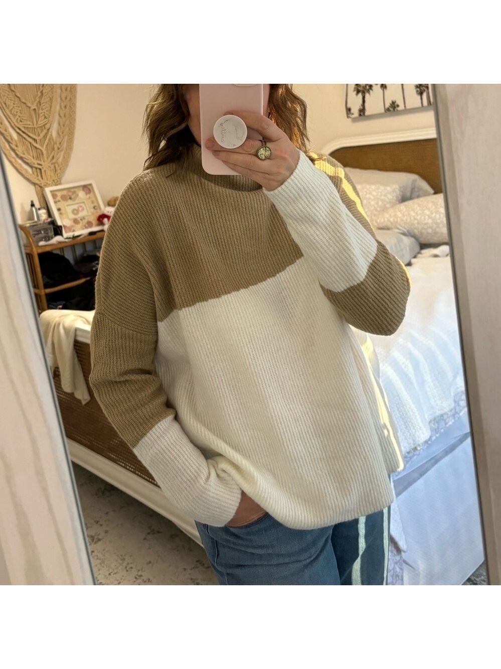 THML ribbed knit sweater cozy & fluffy oversized small cream taupe mock neck